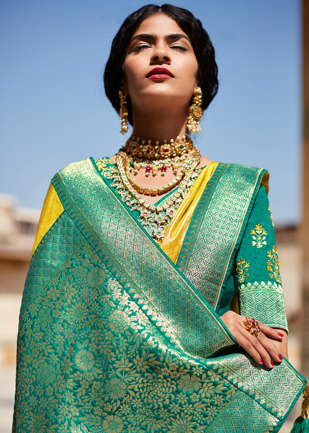 MySilkLove Marigold Yellow and Green Woven Banarasi Soft Silk Designer Saree