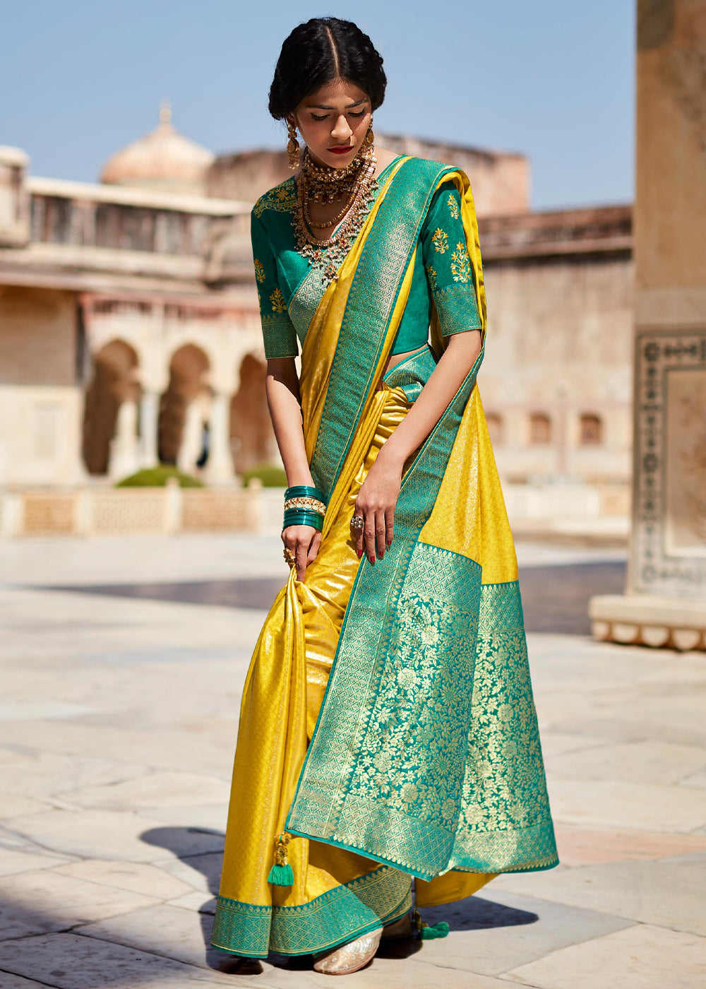 Buy MySilkLove Marigold Yellow and Green Woven Banarasi Soft Silk Designer Saree Online