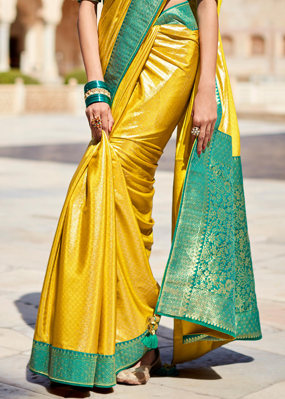 Buy MySilkLove Marigold Yellow and Green Woven Banarasi Soft Silk Designer Saree Online