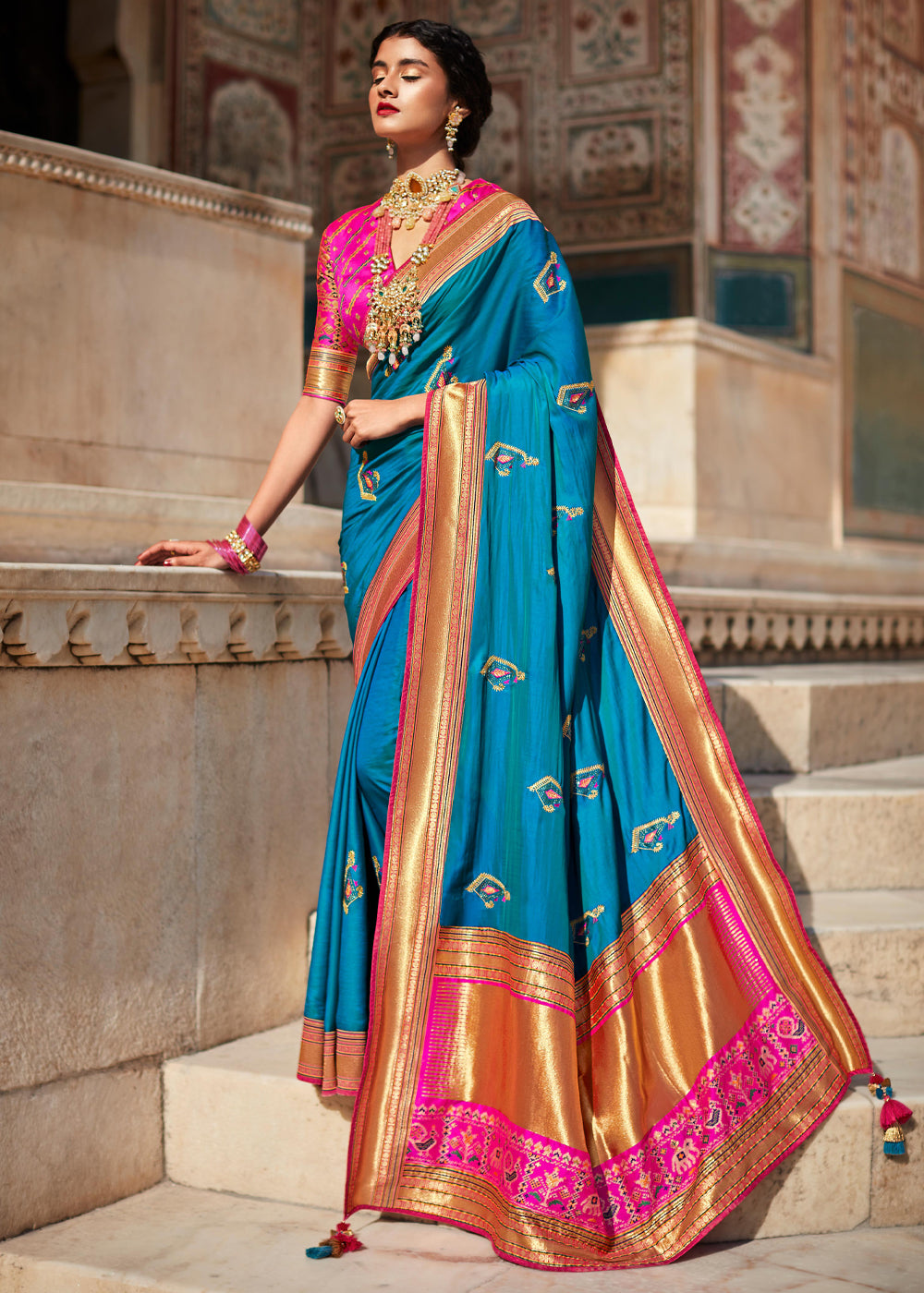 Buy MySilkLove Allports Blue and Pink Woven Banarasi Soft Silk Designer Saree Online