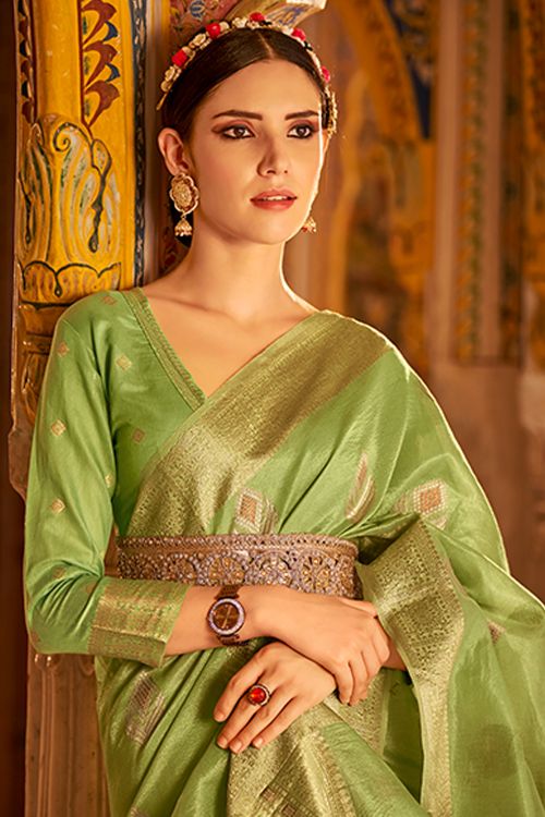 Buy MySilkLove Wild Willow Green Banarasi Silk Saree Online