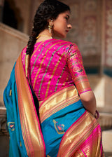 Allports Blue and Pink Woven Banarasi Soft Silk Designer Saree
