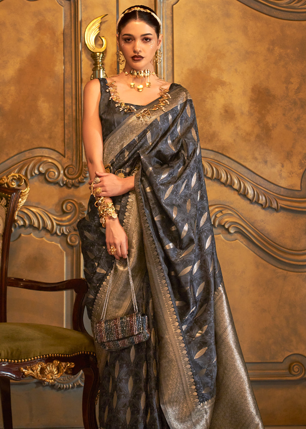 Buy MySilkLove Tuna Black Banarasi Satin Silk Saree Online