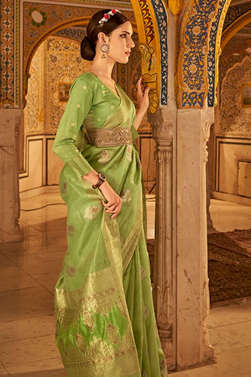 Buy MySilkLove Wild Willow Green Banarasi Silk Saree Online