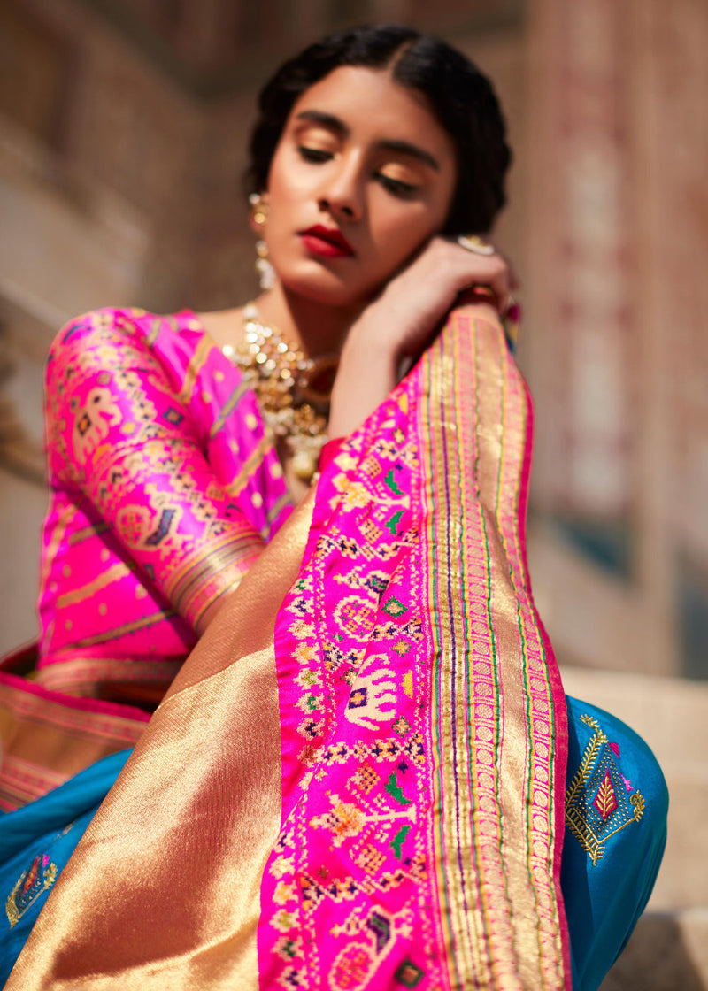Allports Blue and Pink Woven Banarasi Soft Silk Designer Saree