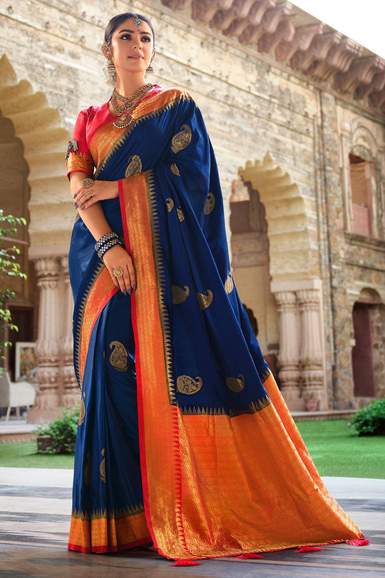 Buy MySilkLove Bunting Blue and Red Kanjivaram Saree Online