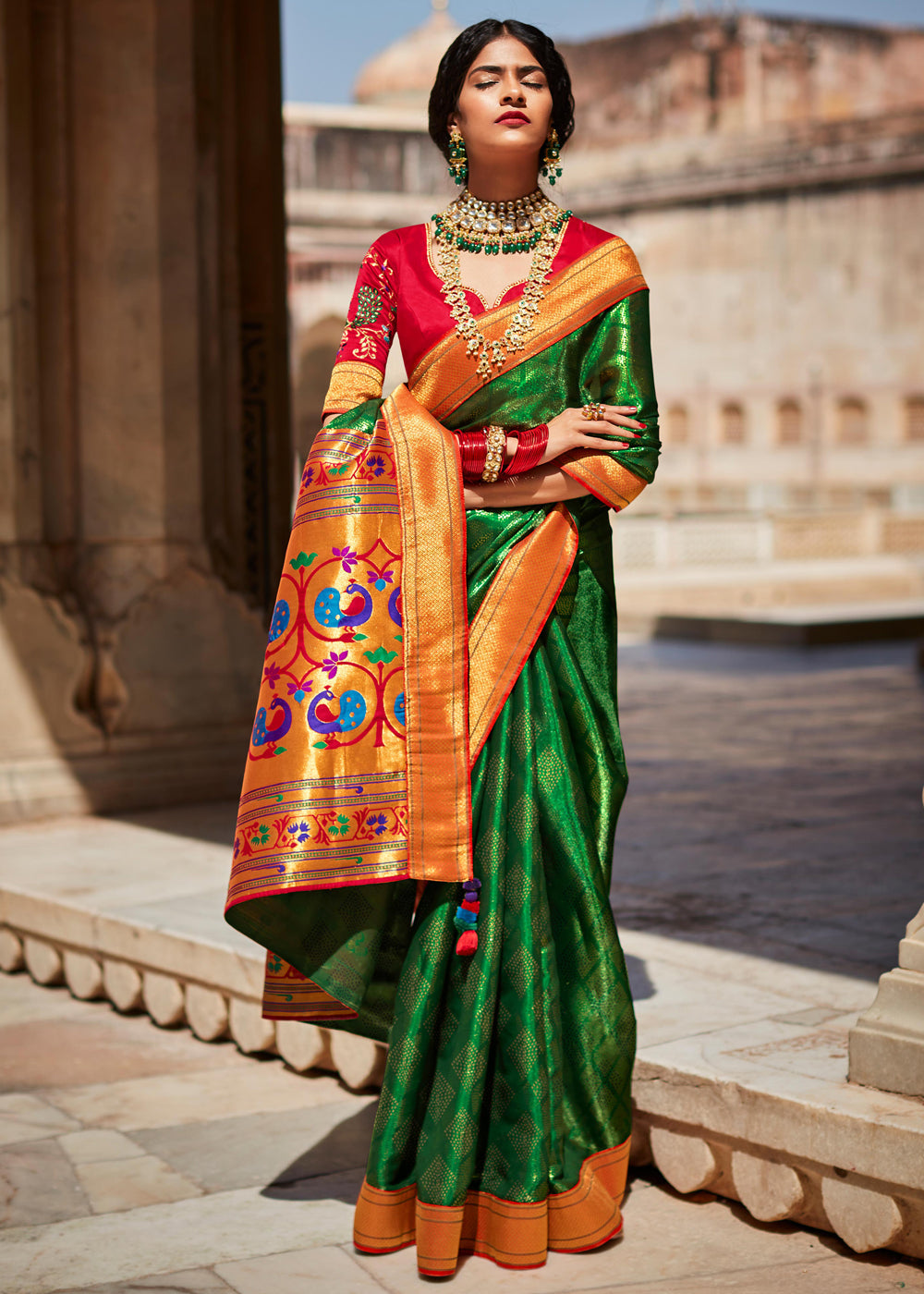 Buy MySilkLove Hippie Green Woven Banarasi Soft Silk Designer Saree Online