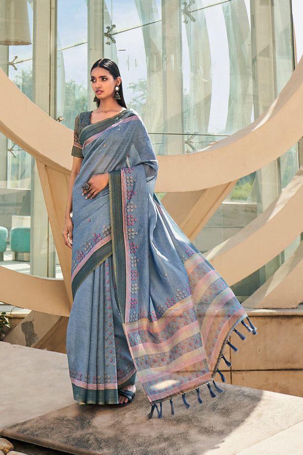 Buy MySilkLove Regent Blue Printed Cotton Silk Saree Online