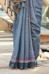 Regent Blue Printed Cotton Silk Saree