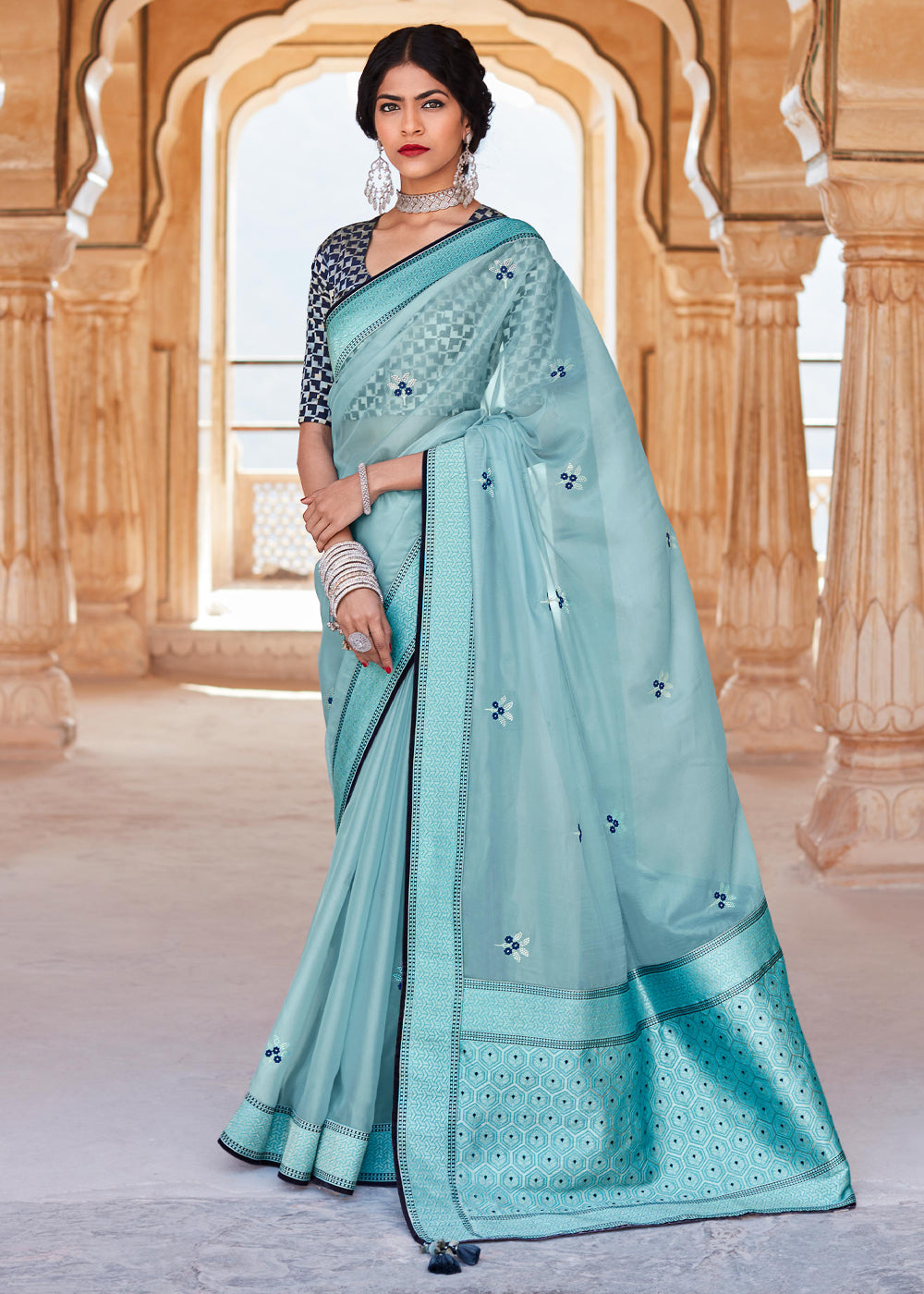 Buy MySilkLove Casper Blue Woven Banarasi Soft Silk Designer Saree Online