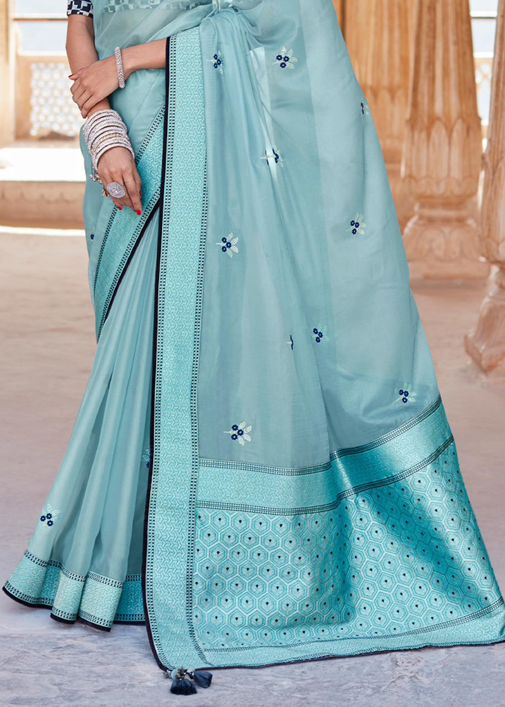 Buy MySilkLove Casper Blue Woven Banarasi Soft Silk Designer Saree Online