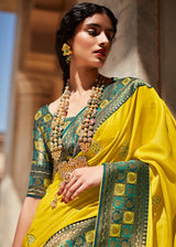 Laser Lemon Yellow Woven Banarasi Soft Silk Designer Saree