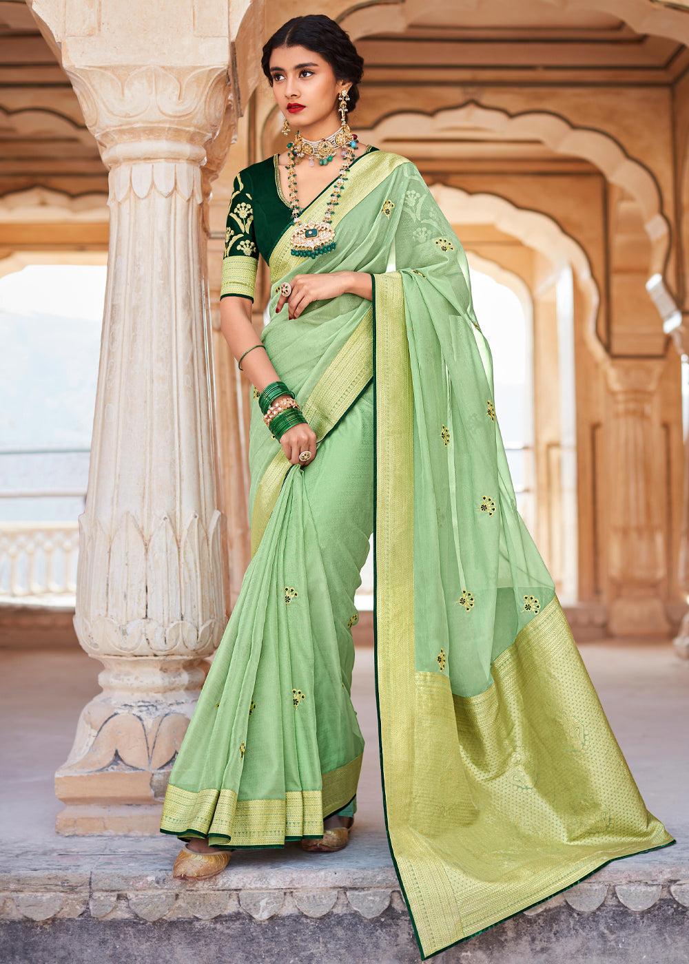 Buy MySilkLove Moss Green Woven Banarasi Soft Silk Designer Saree Online