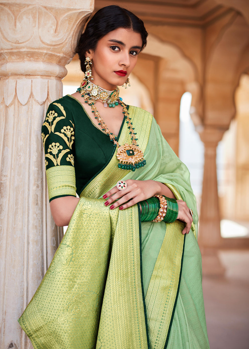 MySilkLove Moss Green Woven Banarasi Soft Silk Designer Saree