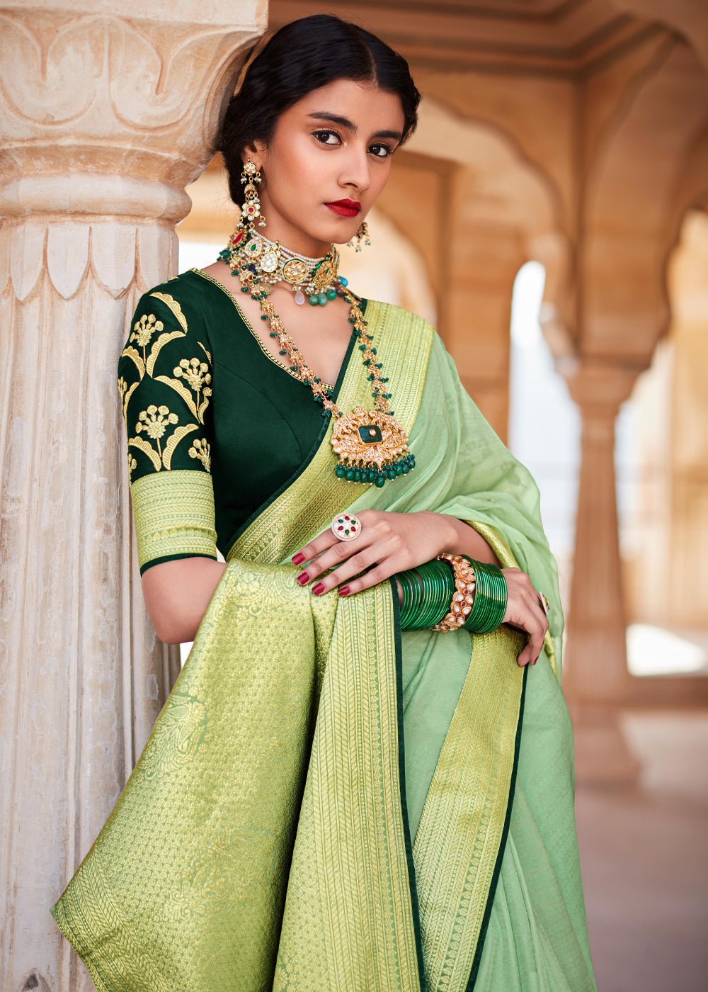 Buy MySilkLove Moss Green Woven Banarasi Soft Silk Designer Saree Online