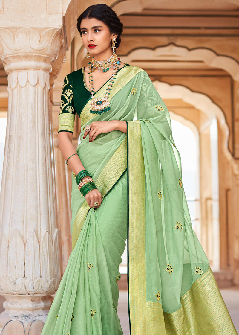 Moss Green Woven Banarasi Soft Silk Designer Saree