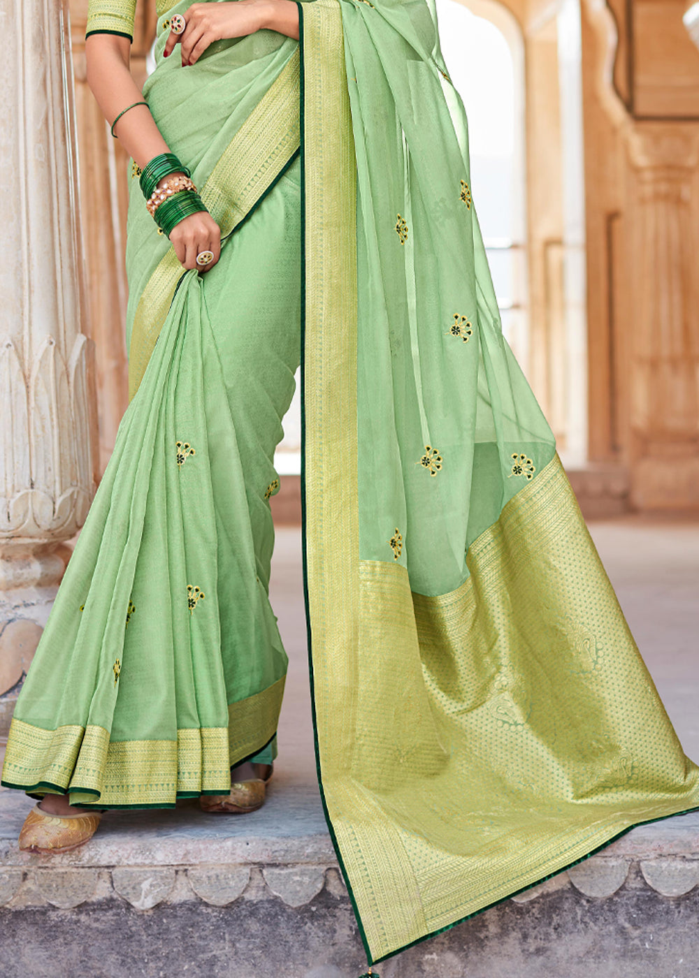 Buy MySilkLove Moss Green Woven Banarasi Soft Silk Designer Saree Online