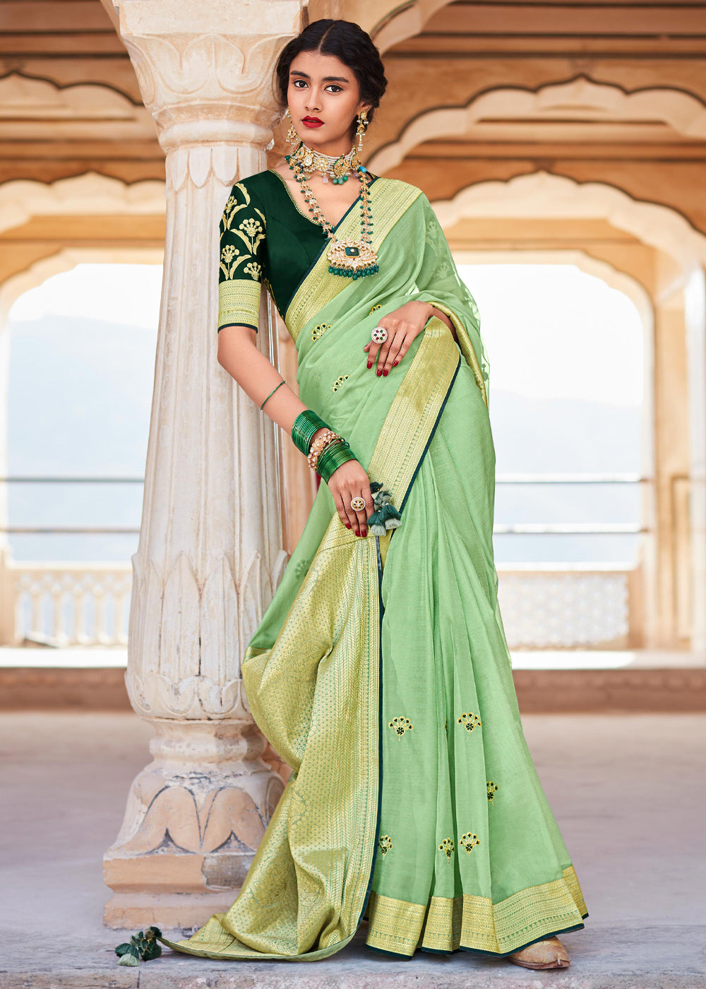 Buy MySilkLove Moss Green Woven Banarasi Soft Silk Designer Saree Online