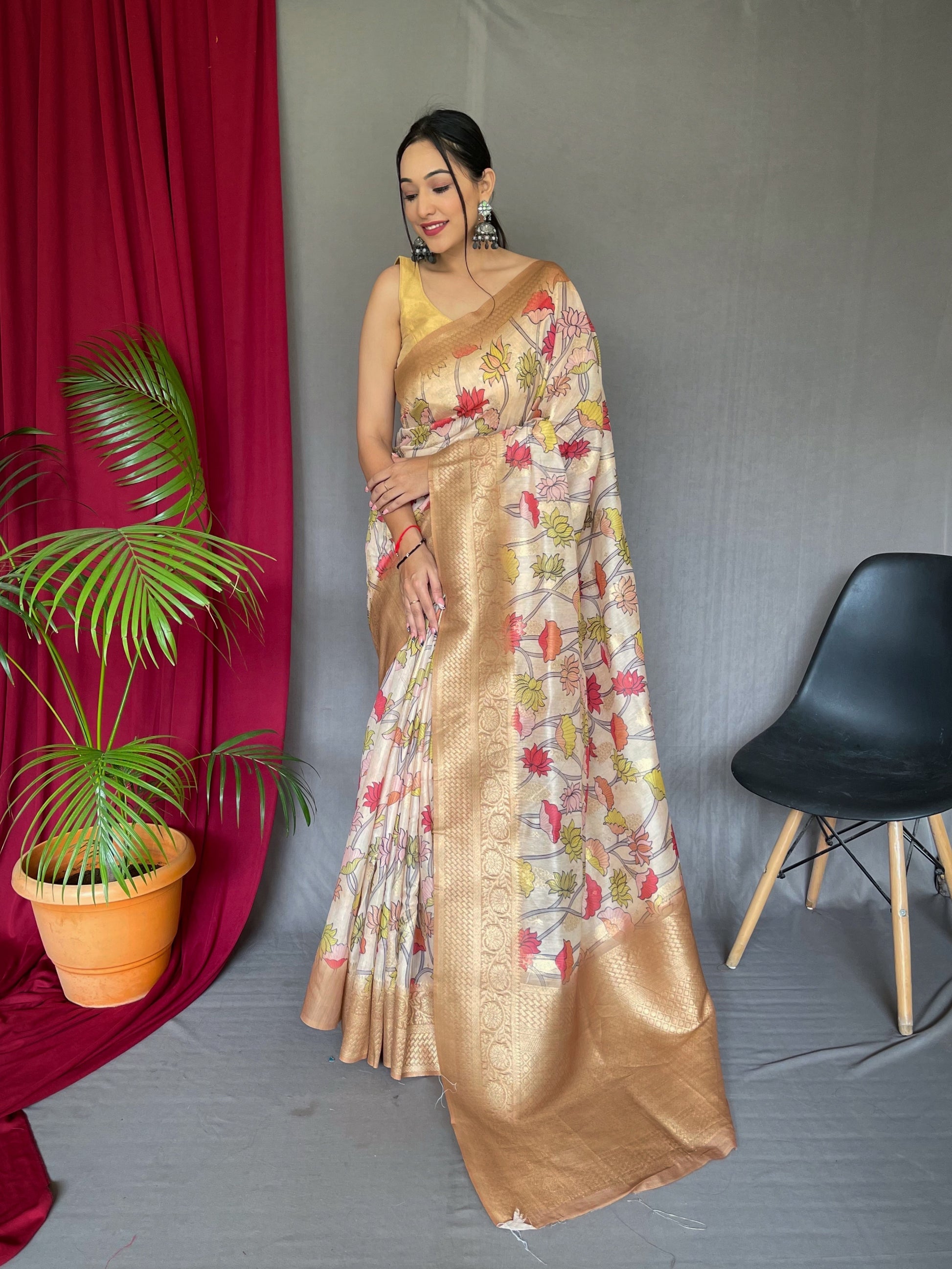 Buy MySilkLove Sidecar Cream Banarasi Silk Saree with Kalamkari Prints Online