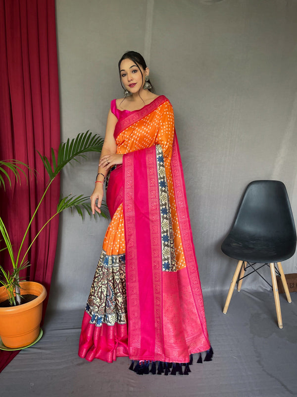 Crusta Orange and Pink Gala Bandhej Kalamkari Printed Silk Saree