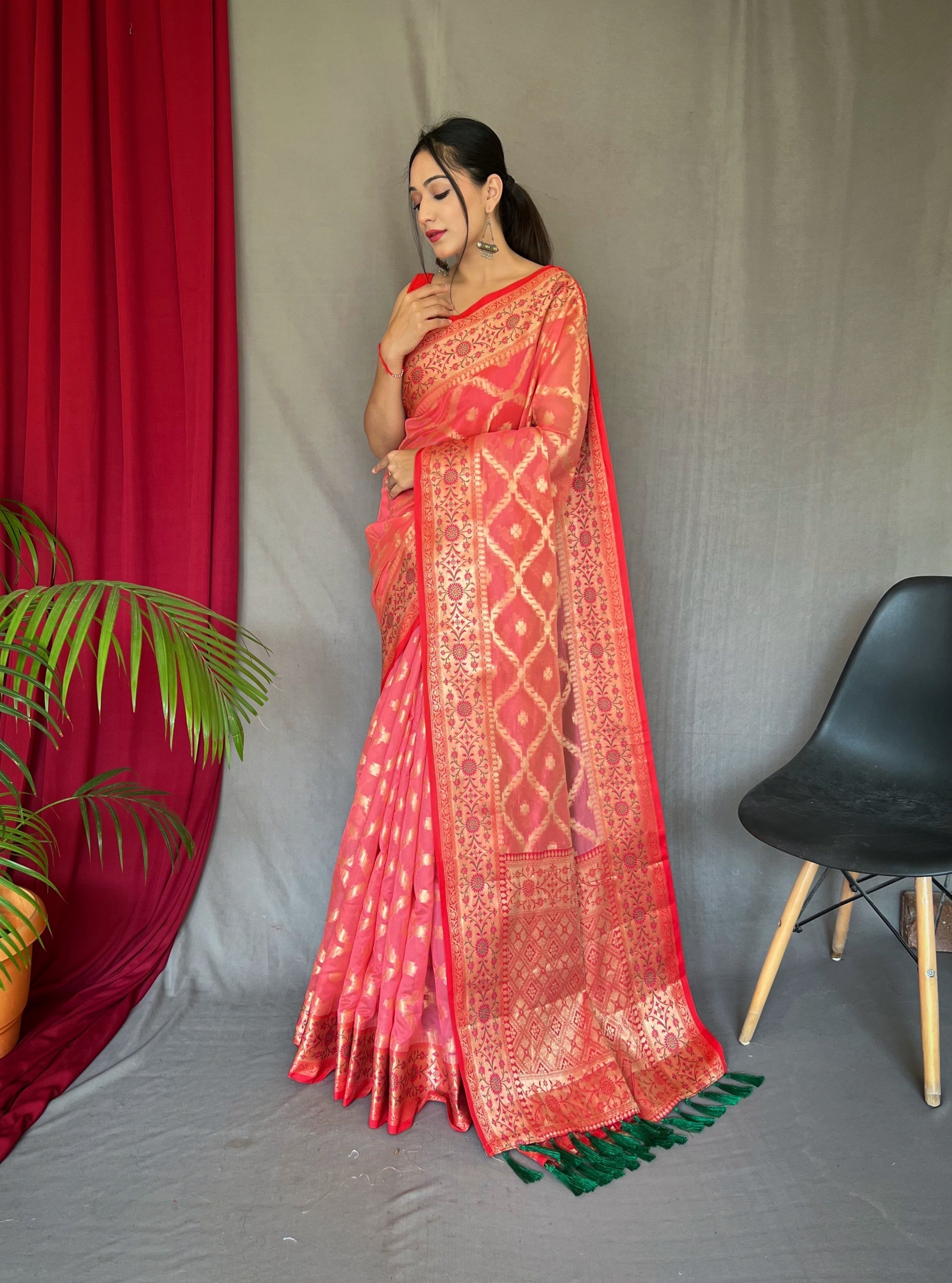 Buy MySilkLove Sunset Red Woven Banarasi Organza Silk Saree Online