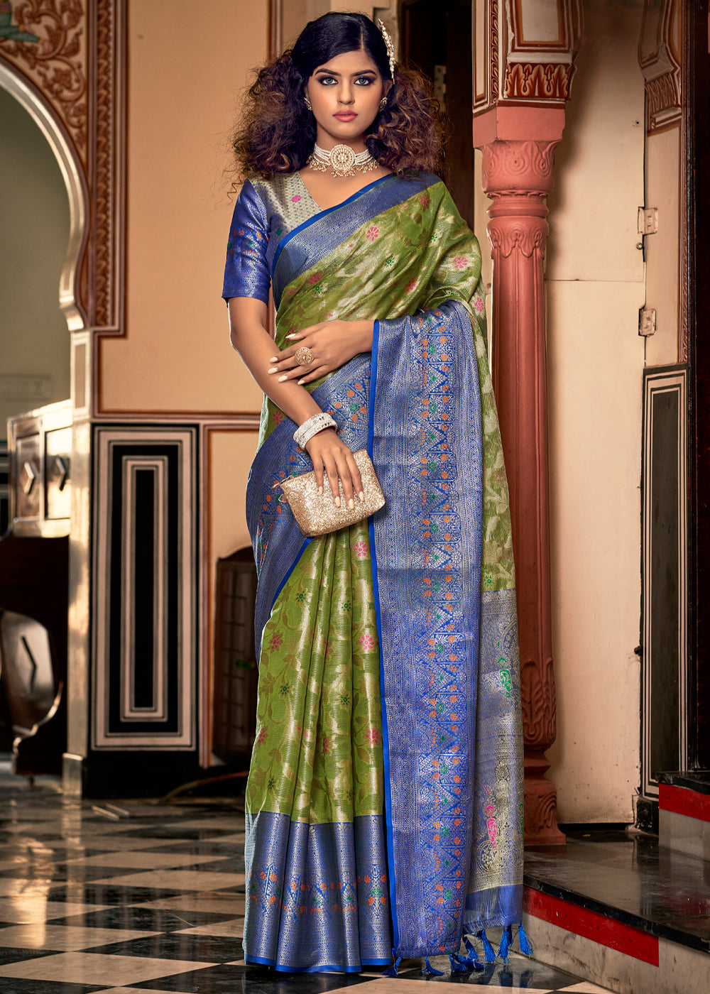 Buy MySilkLove Sycamore Green and Blue Woven Banarasi Organza Silk Saree Online
