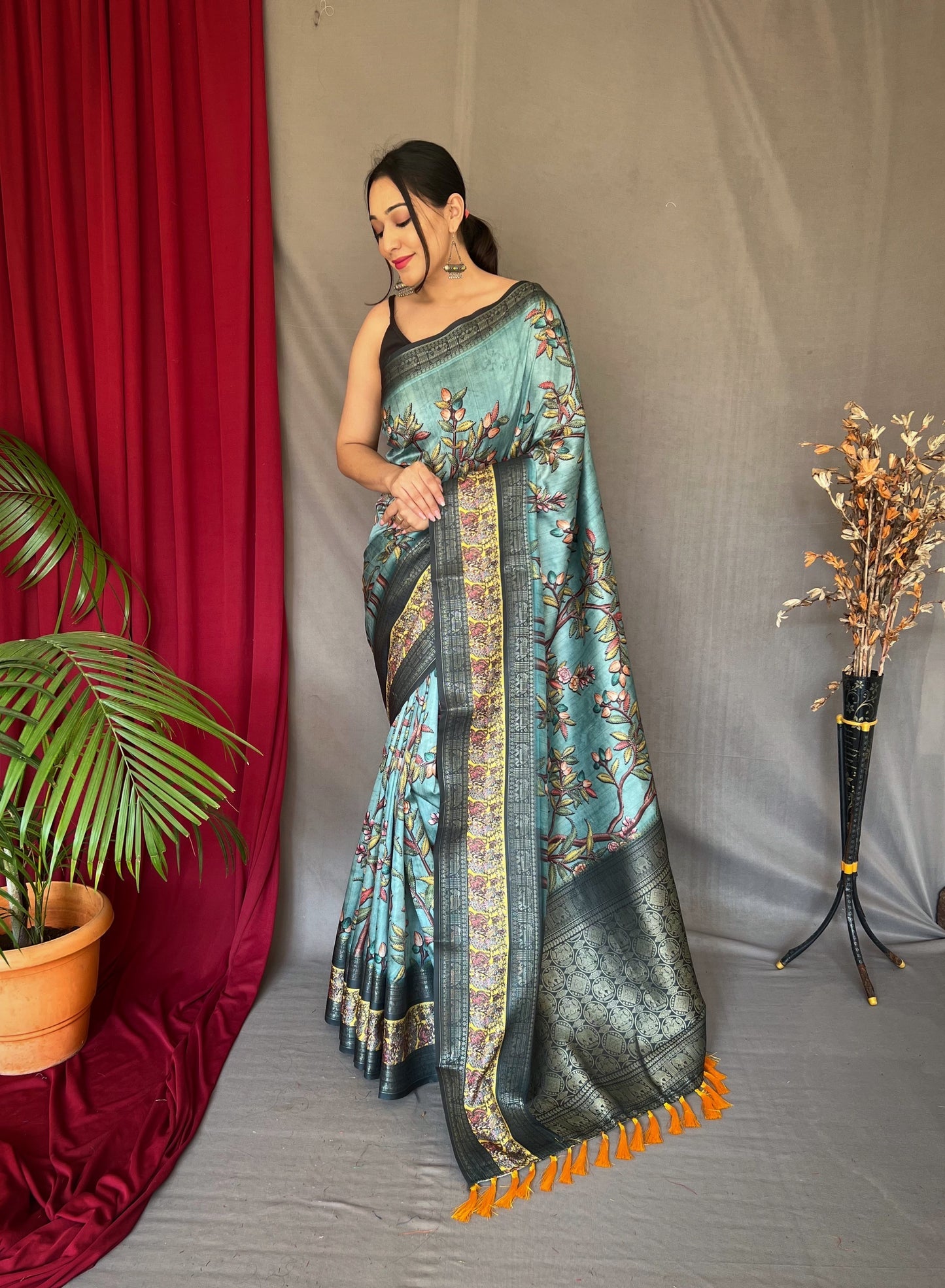 Buy MySilkLove Shadow Blue Banarasi Kalamkari Printed Silk Saree Online