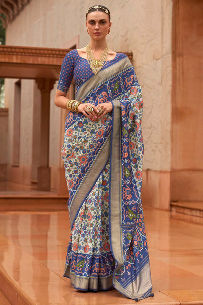 Dark Blue Patola Printed Designer Silk Saree