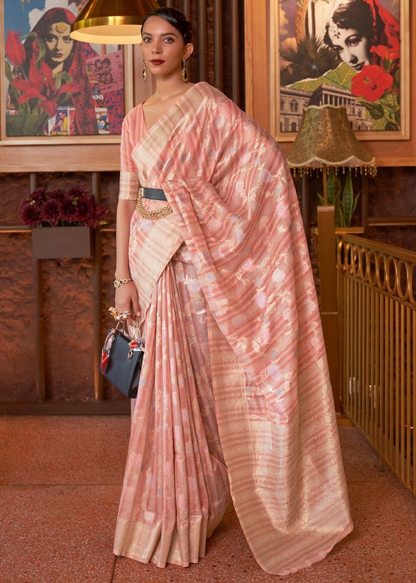 Eunry Pink Woven Linen Silk Saree