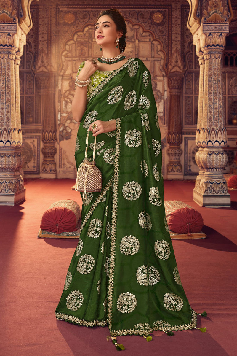 Cadmium Green Kanjivaram Silk Saree With Peacock-Floral Weaving |  Singhania's