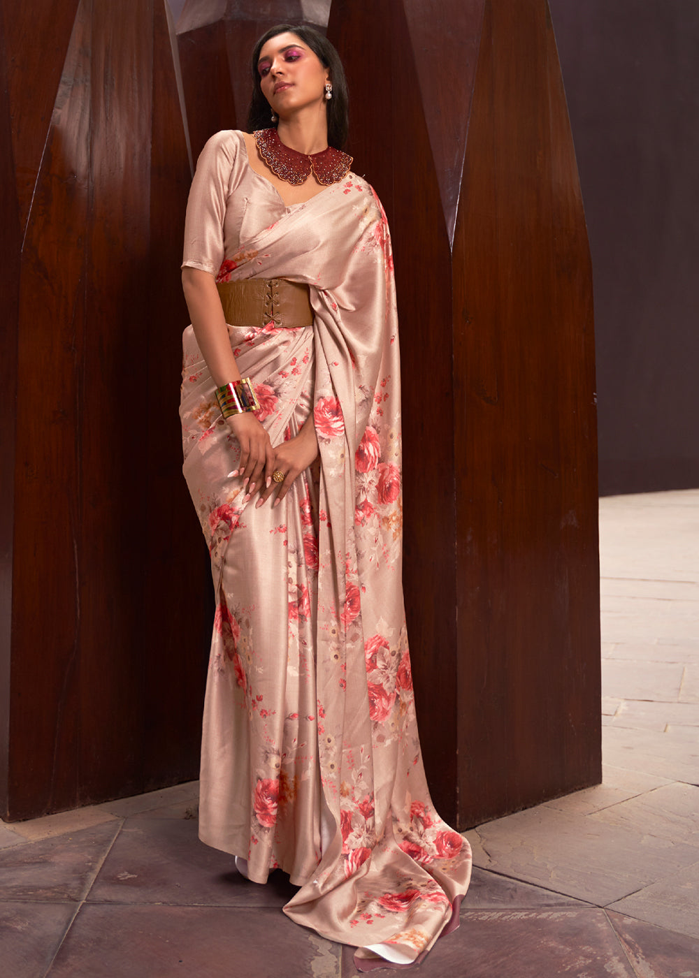 Buy MySilkLove Tonys Peach Floral Printed Satin Silk Saree Online