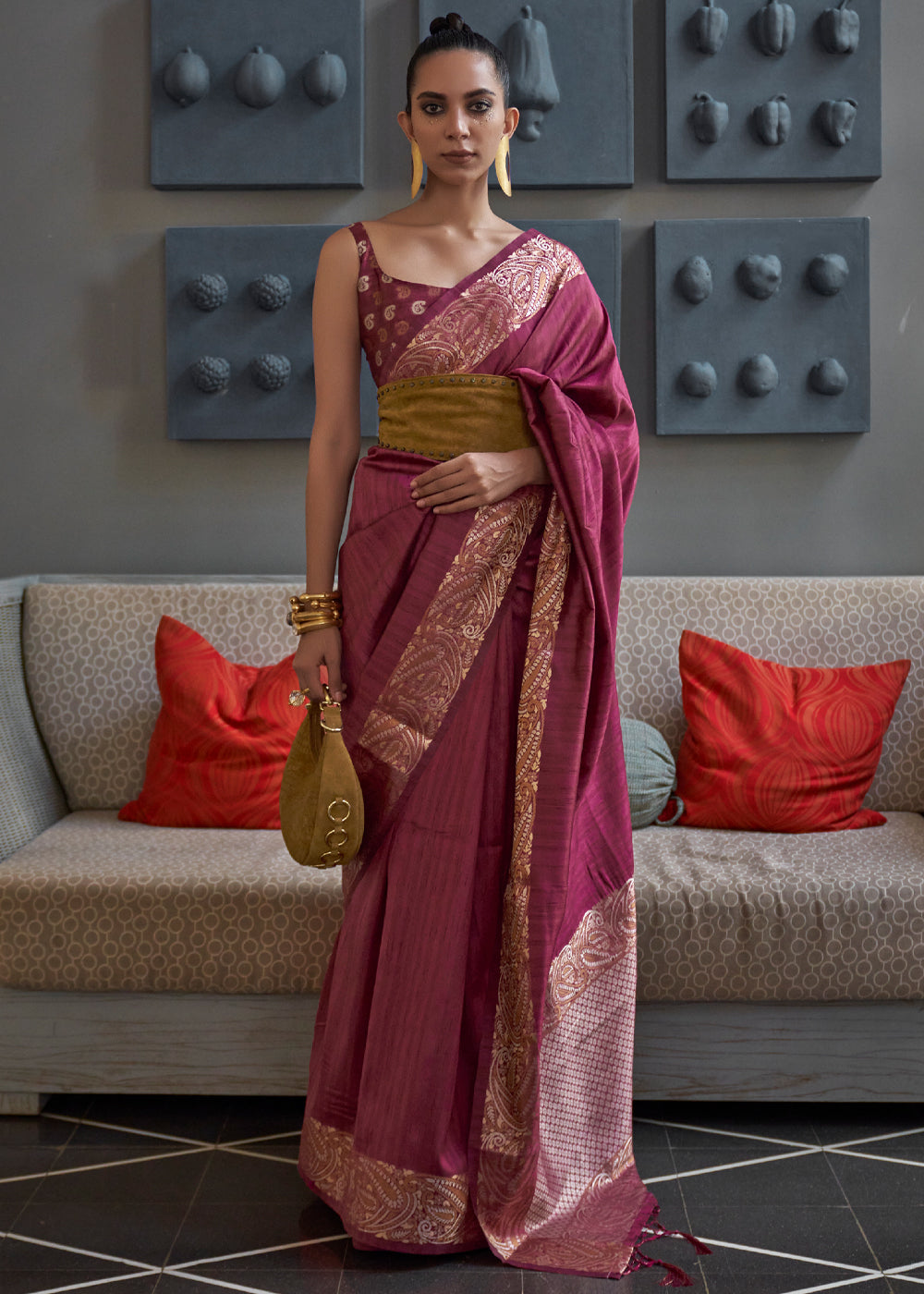 Buy MySilkLove Rose Dust Maroon Woven Brocade Tussar Silk Saree Online