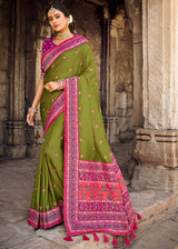 Bronze Olive Green Banarasi Woven Silk Saree with Designer Blouse