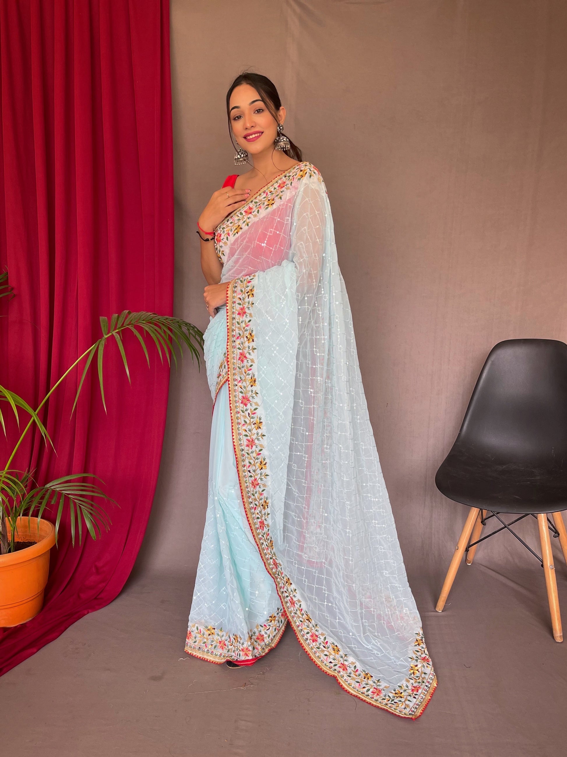 Buy MySilkLove Monsoon Blue Georgette Sequins Designer Saree with Embroidered Border Online