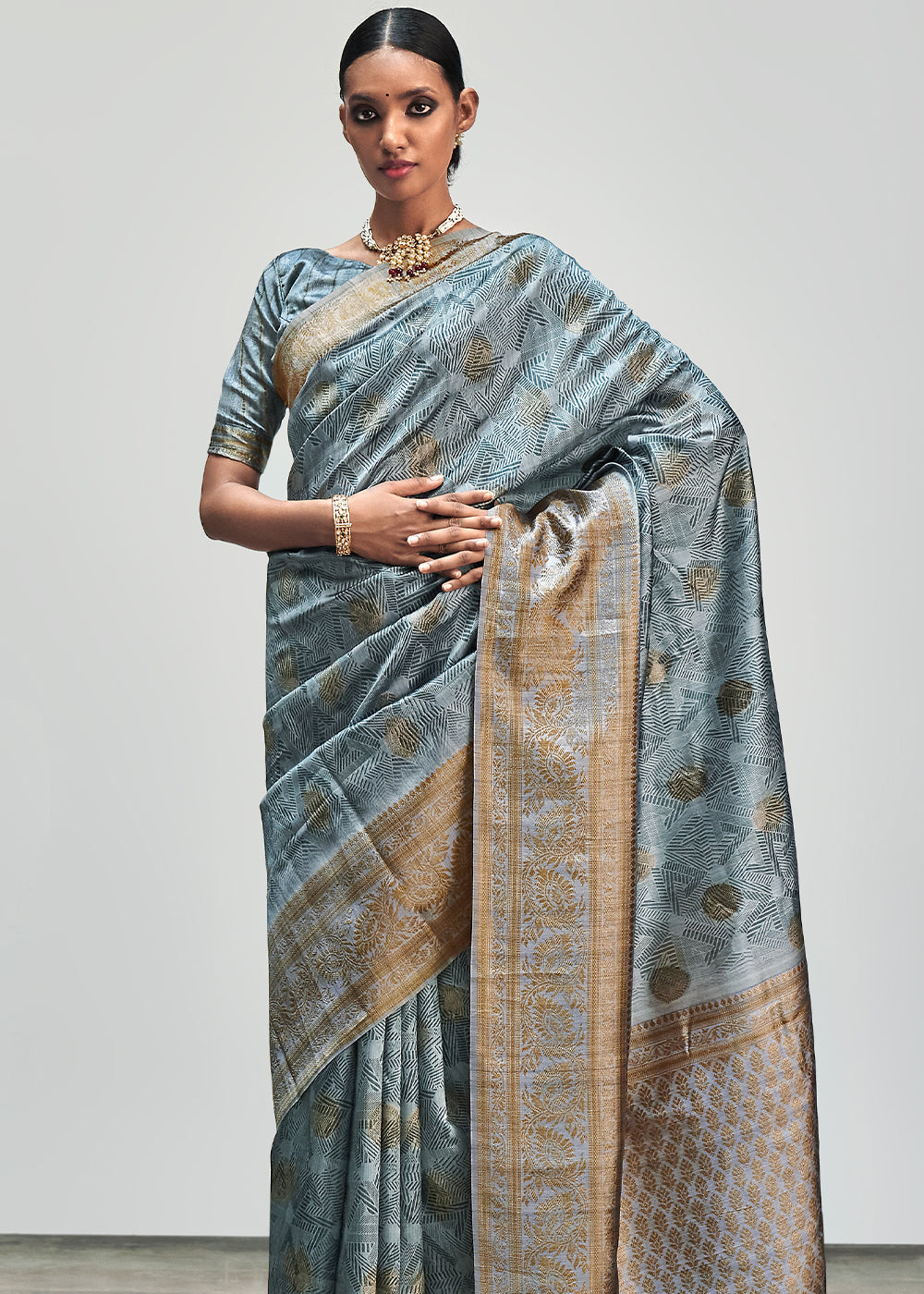 Buy MySilkLove Hit Grey Banarasi Woven Printed Silk Saree Online