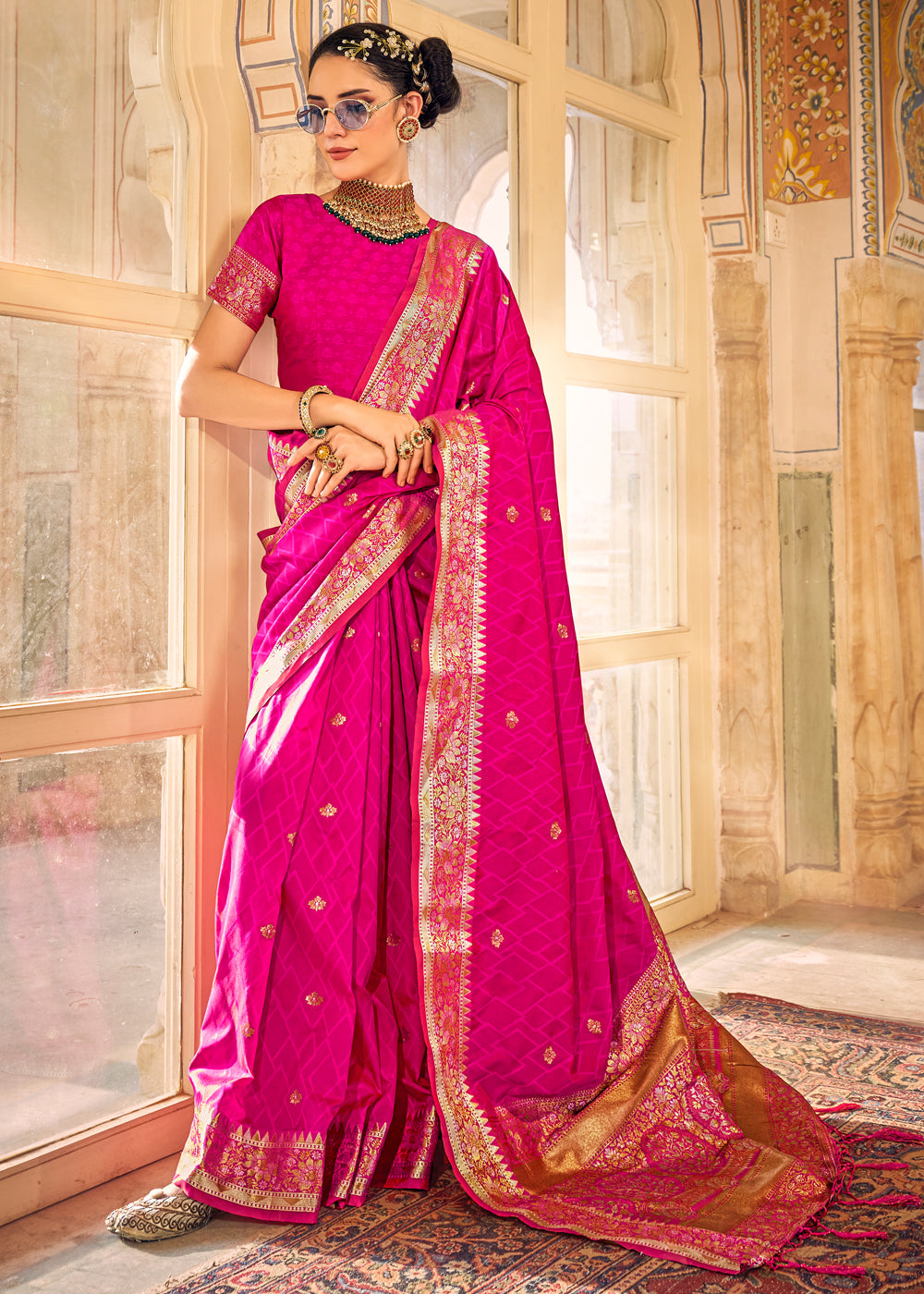Persian Rose Pink Woven Banarasi Satin Silk Saree