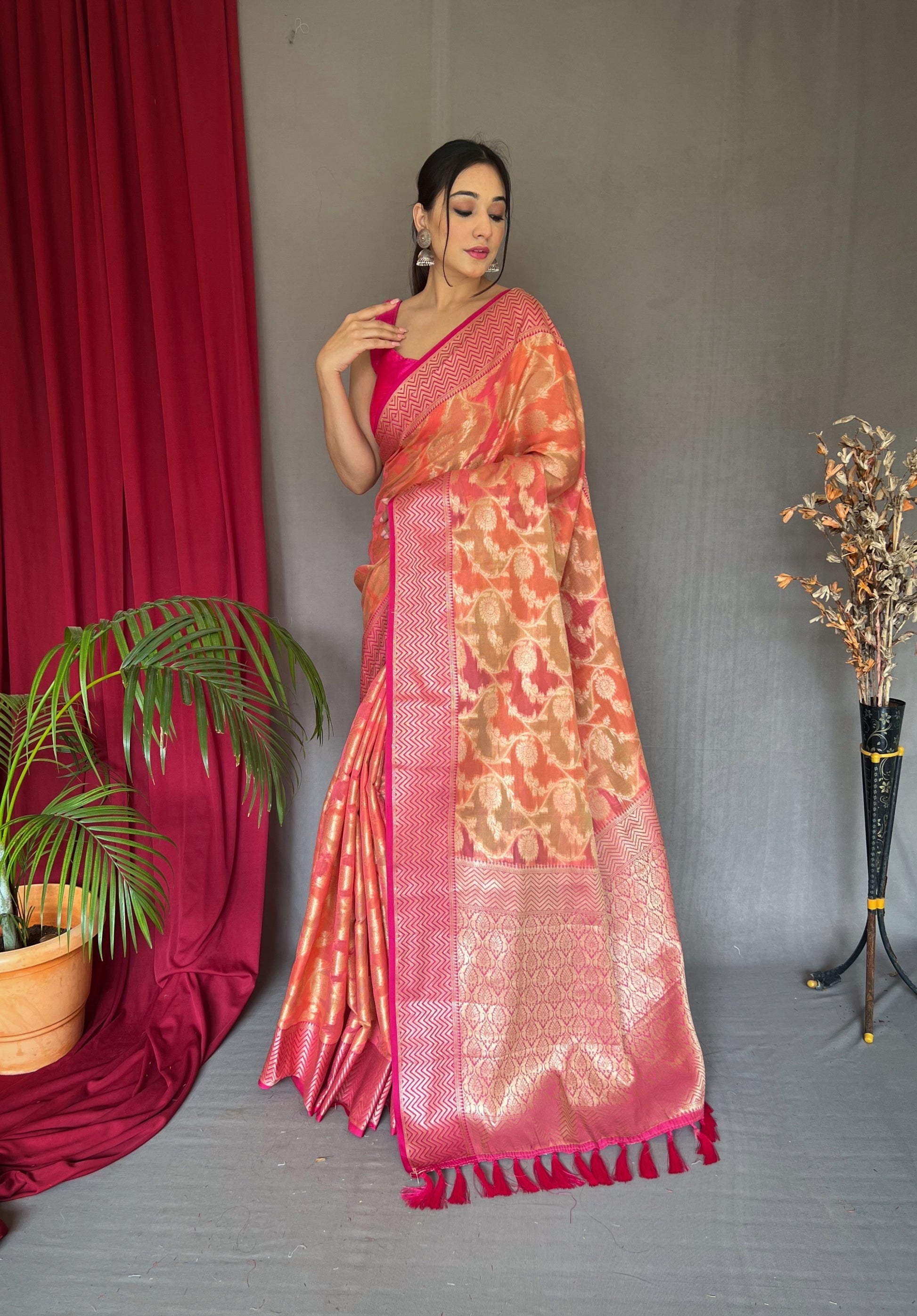 Buy MySilkLove Dark Peach Woven Organza Silk Saree Online