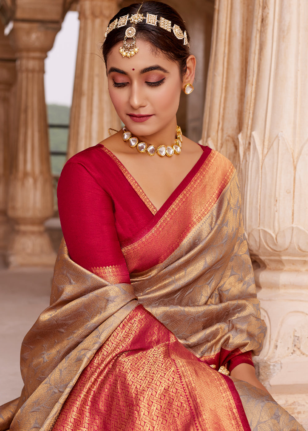 MySilkLove Santa Fe Brown and Red Woven Kanjivram Silk Saree