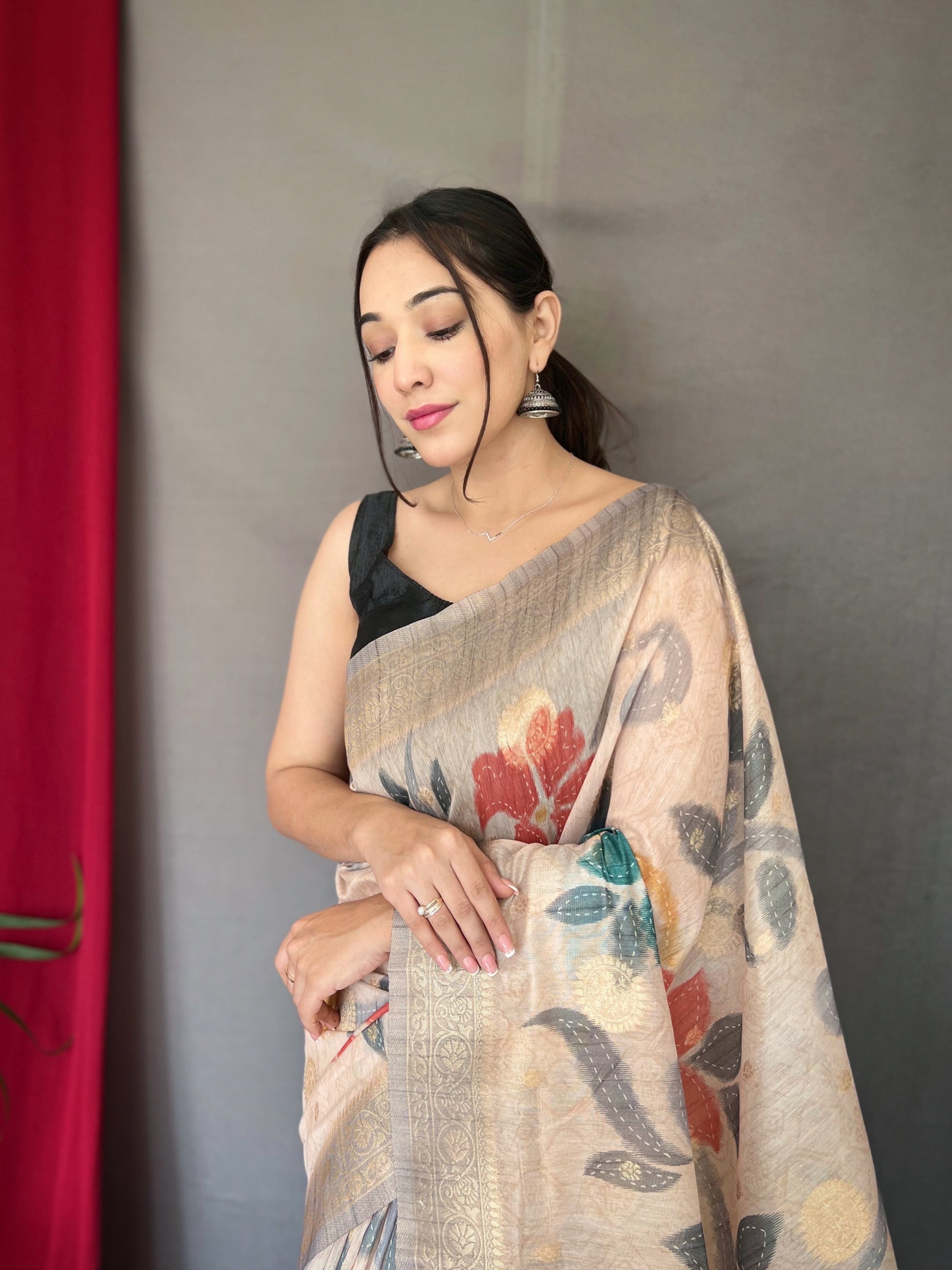 Buy MySilkLove Celeste Grey and Cream Floral Designer Banarasi Silk Saree Online