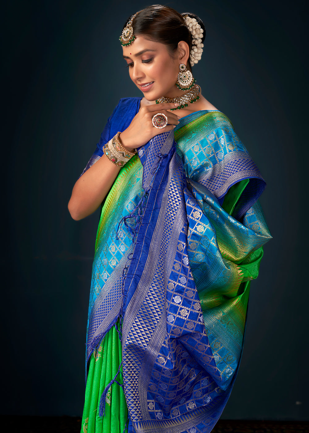 Buy MySilkLove Screamin Green ad Blue Woven Banarasi Silk Saree Online