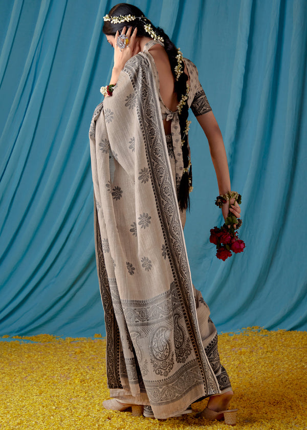 Bronco Grey Woven Banarasi Linen Silk Saree