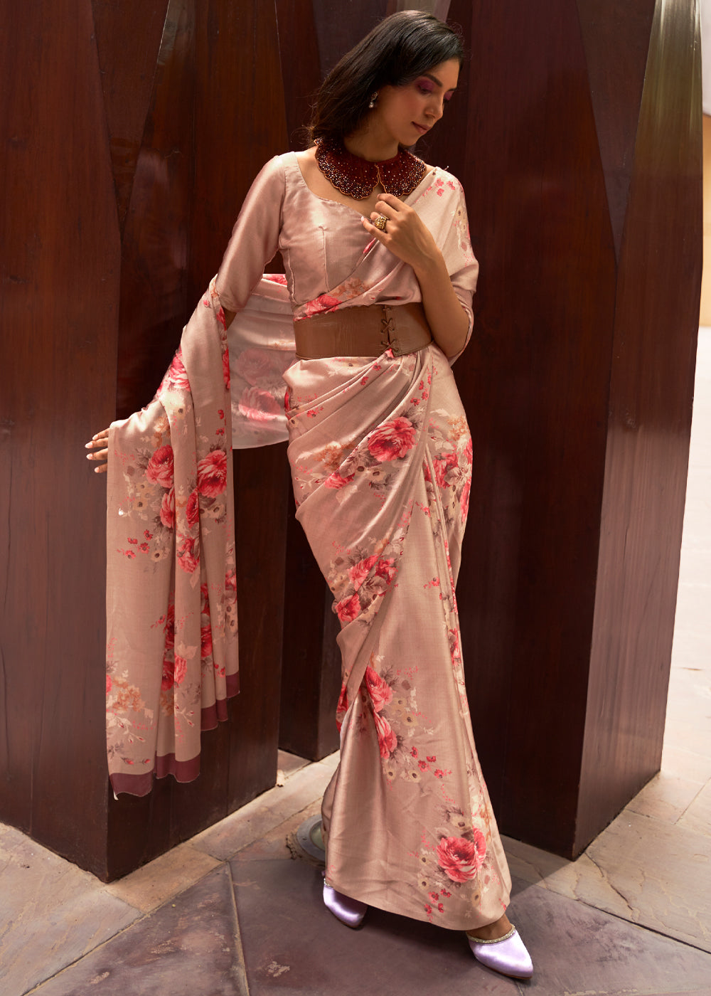MySilkLove Tonys Peach Floral Printed Satin Silk Saree