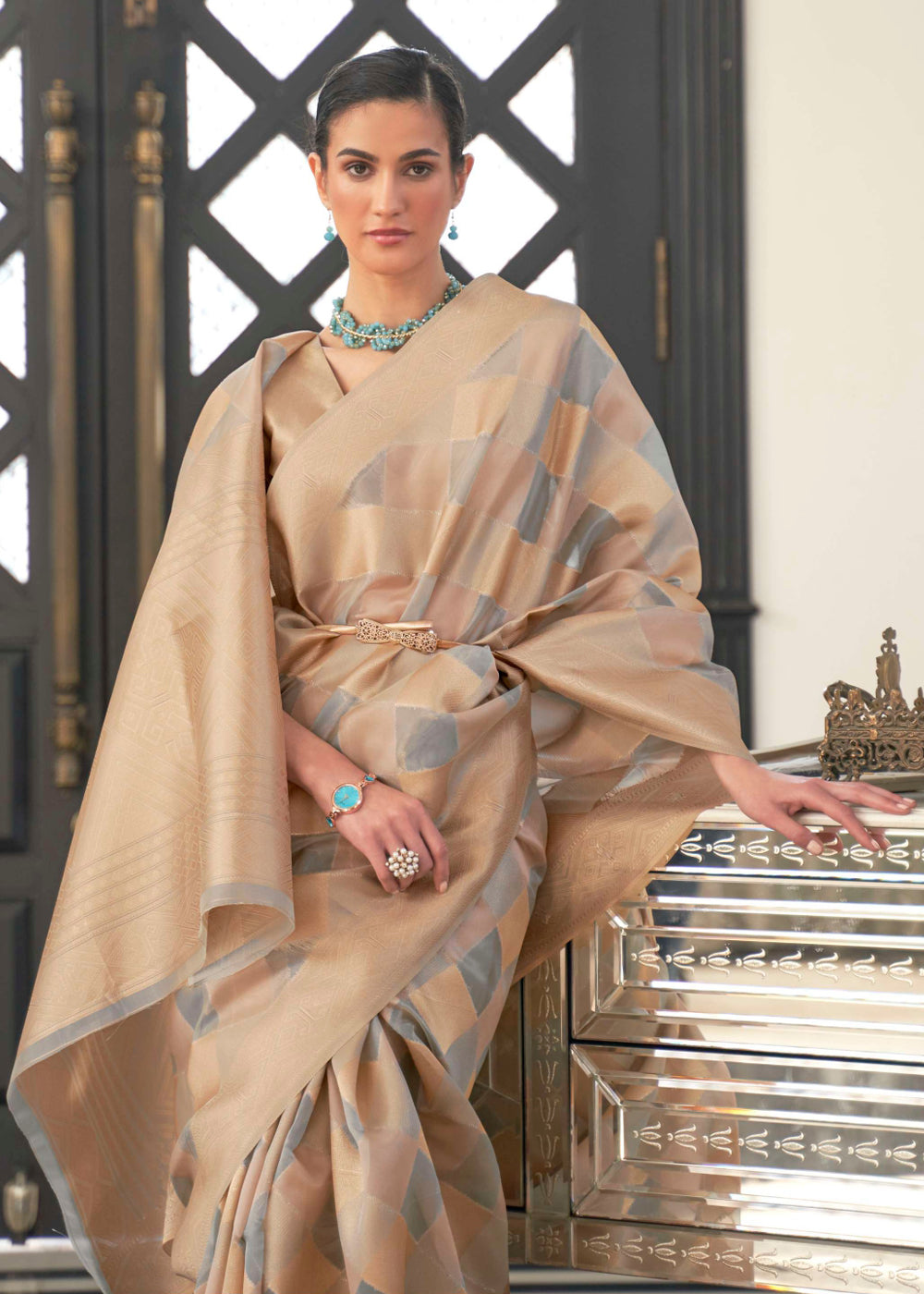 MySilkLove Mist Golden and Grey Woven Organza Banarasi Silk Saree