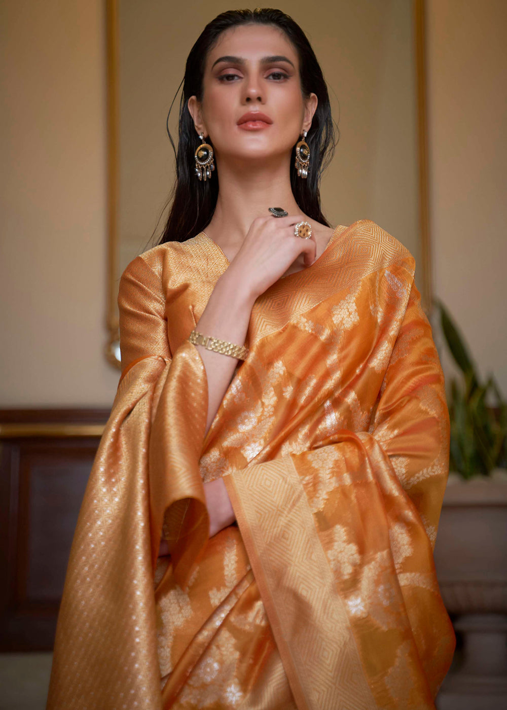 MySilkLove Mandarin Orange Woven Organza Banarasi Silk Saree