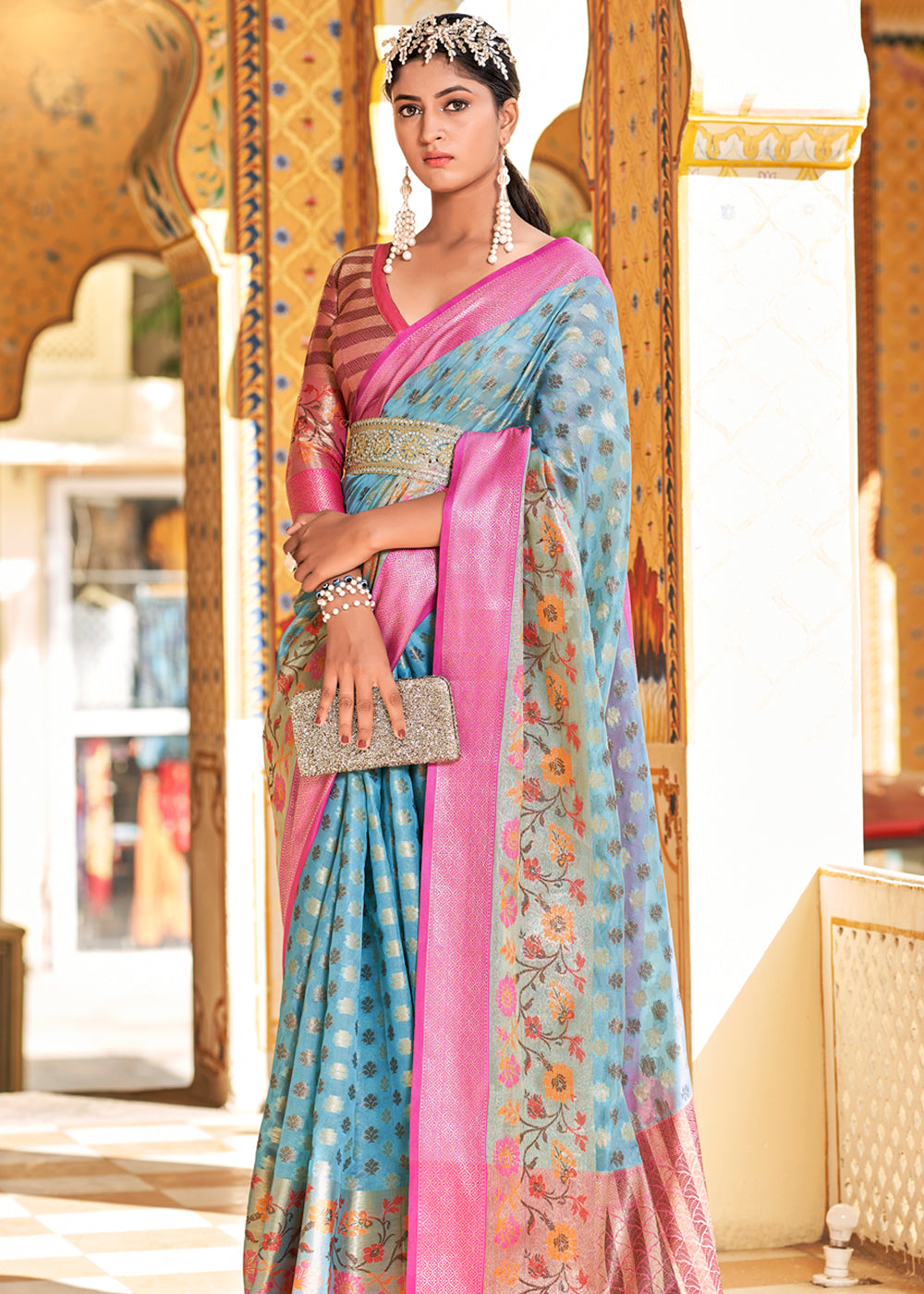 Buy MySilkLove Jungle Mist Blue Banarasi Tissue Woven Silk Saree Online