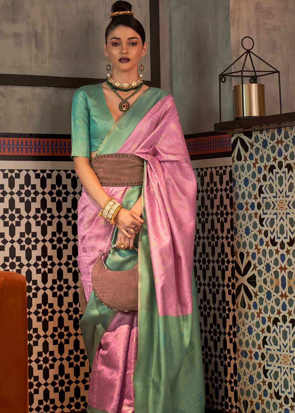 MySilkLove Salmon Pink and Green Banarasi Woven Silk Saree