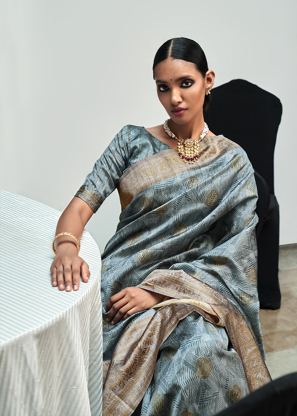 MySilkLove Hit Grey Banarasi Woven Printed Silk Saree