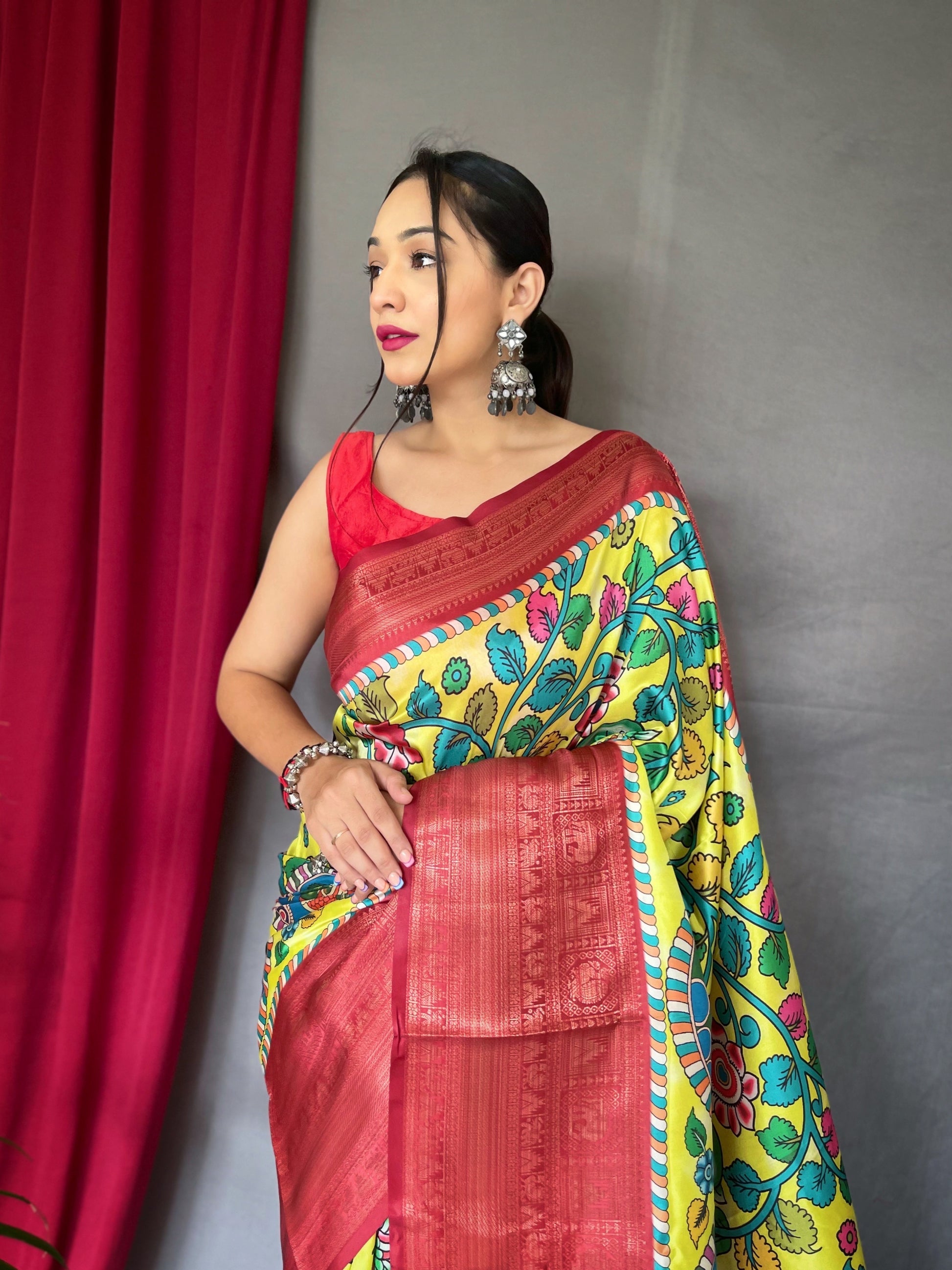 Buy MySilkLove Sunny Pearl Yellow and Red Kalamkari Gala Printed Saree Online