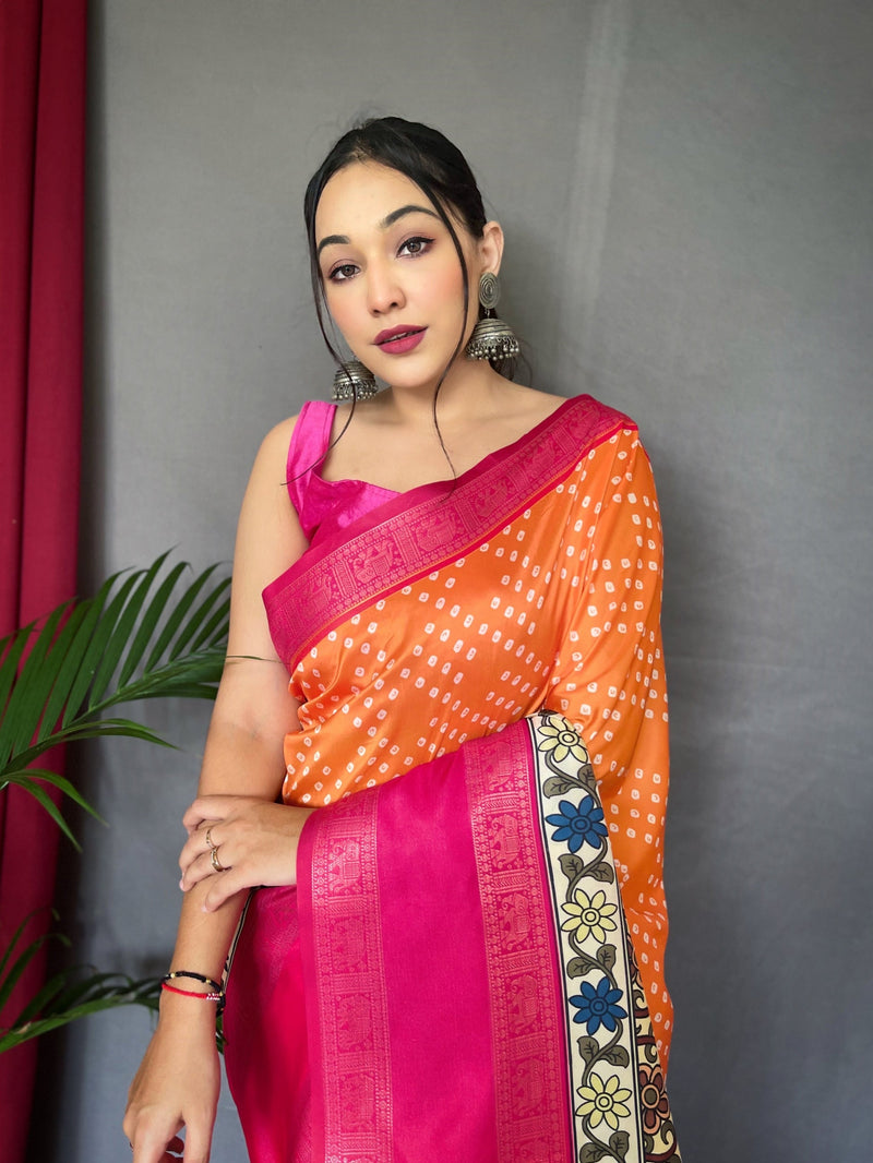 Crusta Orange and Pink Gala Bandhej Kalamkari Printed Silk Saree