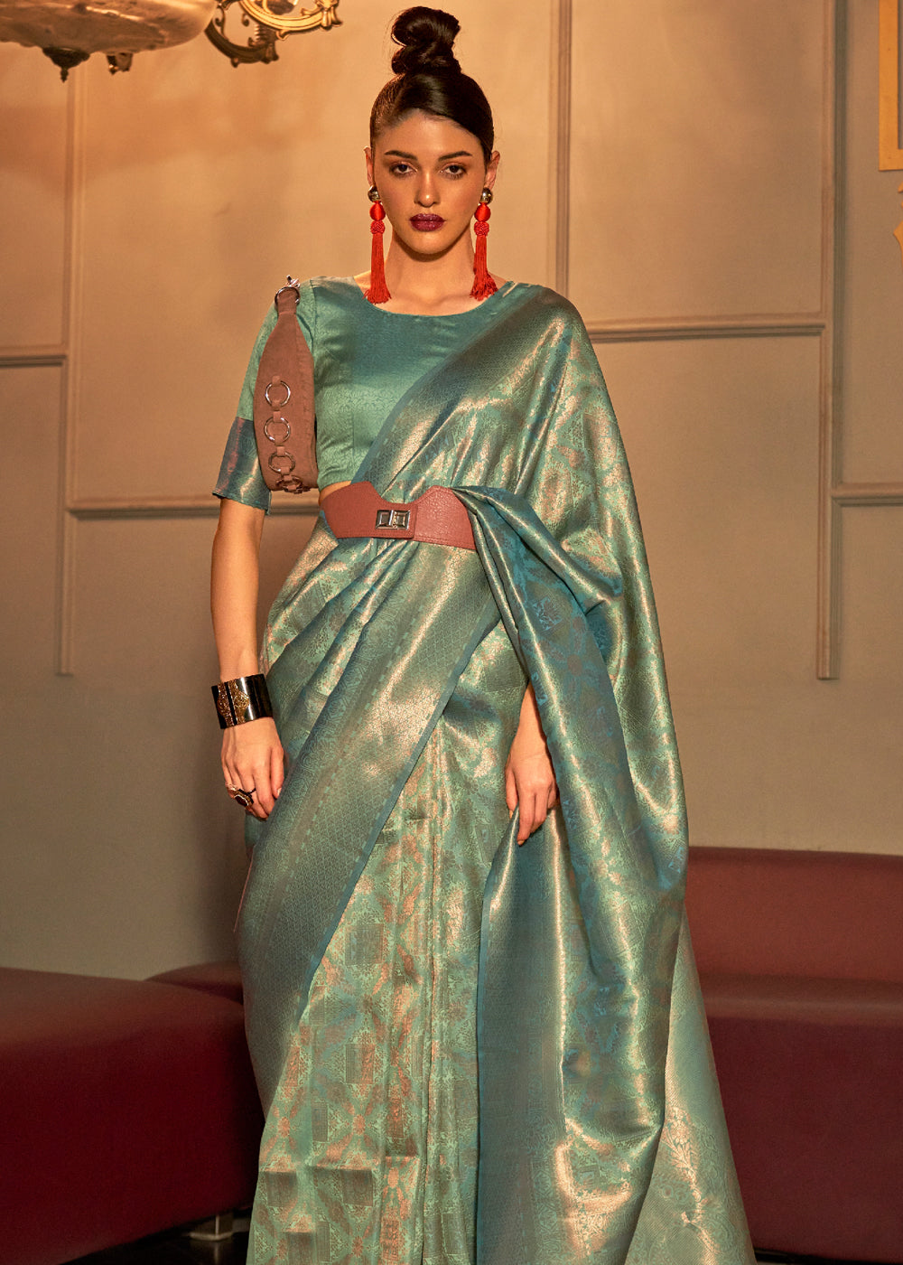 Buy MySilkLove Oxley Green Kanjivaram Woven Silk Saree Online